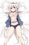  alternate_costume animal_ears blush breasts buruma cameltoe gym_uniform hat highres inubashiri_momiji karochii large_breasts looking_at_viewer lying midriff on_back pillow red_eyes short_hair sketch solo sweat tail tokin_hat touhou white_hair wolf_ears wolf_tail 