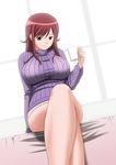  akana_rui bottomless breasts chousoku_henkei_gyrozetter coffee_mug covered_nipples crossed_legs cup green_eyes highres large_breasts legs light_smile long_hair looking_at_viewer mug naughty_face red_hair ribbed_sweater satou_chagashi shirt sitting solo sweater taut_clothes taut_shirt thighs turtleneck window 