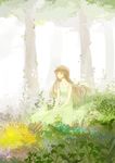  bad_id bad_pixiv_id brown_hair closed_eyes dress forest grass long_hair nature original sitting solo ssanwill tree 