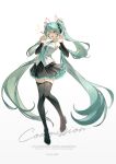  1girl absurdres aqua_eyes aqua_hair aqua_nails aqua_necktie aqua_trim black_boots black_skirt black_sleeves boots breasts collared_shirt commentary_request commission detached_sleeves fingernails full_body hair_between_eyes hair_ornament hatsune_miku hatsune_miku_(vocaloid4) headset highres long_hair long_sleeves looking_at_viewer nail_polish necktie one_eye_closed rookive shirt simple_background skirt sleeveless sleeveless_shirt small_breasts smile solo thigh_boots twintails v4x very_long_hair vocaloid white_background white_shirt zettai_ryouiki 