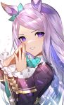  1girl absurdres animal_ears aqua_bow black_jacket blush bow bowtie coat commentary_request ear_bow ear_ribbon frilled_coat frilled_jacket frills highres horse_ears horse_girl jacket long_hair long_sleeves looking_at_viewer mejiro_mcqueen_(frontline_elegance)_(umamusume) mejiro_mcqueen_(umamusume) parted_lips purple_eyes purple_hair ribbon shirt simple_background smile solo steepled_fingers striped_clothes striped_shirt suzu_(suzuame329) umamusume upper_body 