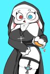 2026 anthro big_breasts black_clothing blue_background blue_eyes bodily_fluids breasts circle_eyebrows clothed clothed_anthro clothed_female clothing cross cross_necklace digital_drawing_(artwork) digital_media_(artwork) emoji_description eyebrows female female_anthro fingers floppy_ears front_view fur garter_belt garter_straps grey_clothing heterochromia holding_object jewelry lagomorph legwear leporid looking_at_viewer lop_ears mammal necklace nun nun_habit nun_outfit open_mouth pink_inner_ear portrait rabbit red_eyes religious_clothing round_eyes simple_background solo ssslommm2 sweat sweatdrop teal_background thigh_highs three-quarter_portrait white_body white_clothing white_ears white_eyebrows white_fur white_legwear white_sclera white_thigh_highs