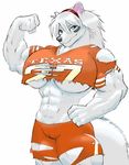  anthro biceps big_breasts blue_eyes breasts canine cleo cleo_(yutrah) clothing female football gideon hair huge_breasts jersey mammal muscles muscular_female pose shorts solo texas wolf 