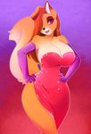  anthro bedroom_eyes big_breasts black_nose breasts brown_fur canine cleavage clothed clothing dog dress ear_piercing elbow_gloves female fur gloves hair jessica_rabbit jessica_rabbit_(cosplay) lip lips long_hair looking_at_viewer mammal piercing pink_eyes red_hair smile solo spazzykoneko standing thighs tight_clothing voluptuous white_fur wide_hips 