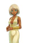  aqua_eyes bare_shoulders bracelet bracer breasts cleavage collarbone dark_skin dress jewelry kanini large_breasts looking_at_viewer original short_hair silver_hair simple_background solo white_background 