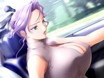  breasts car car_interior cleavage green_eyes hair_ornament huge_breasts lipstick makeup motor_vehicle purple_hair sano_toshihide sitting solo vehicle 