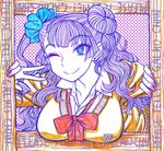  ;) asymmetrical_hair blue_eyes border breast_rest breasts cardigan earrings eyeliner galko gyaru jewelry kogal large_breasts long_hair makeup nail_polish one_eye_closed one_side_up oshiete!_galko-chan school_uniform scrunchie side_bun smile solo stud_earrings suzuki_ken'ya v 