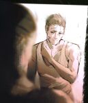  1boy :| bags_under_eyes closed_mouth disco_elysium dule_(anhaidule) exhausted hair_slicked_back half-closed_eyes highres holding holding_razor kim_kitsuragi like_and_retweet monochrome razor reflection reflection_focus shaving short_hair sidelighting tank_top 