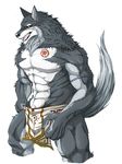  biceps canine claws clothed clothing fangs fur grey_fur half-dressed ig loincloth looking_at_viewer male mammal muscles open_mouth pecs plain_background solo tattoo tongue topless underwear white_background white_fur wolf yellow_eyes 