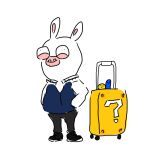 1:1 2022 ?_block anthro bent_arm black_bottomwear black_clothing black_eyes black_footwear black_pants black_shoes blue_clothing blue_jacket blue_topwear bottomwear buckteeth_(lower_incisors) closed_smile clothed clothed_anthro clothed_male clothing colored_sketch derp_eyes digital_drawing_(artwork) digital_media_(artwork) flat_colors footwear full-length_portrait fully_clothed fully_clothed_anthro fully_clothed_male fur hands_in_both_pockets happy jacket japanese_description lagomorph lidded_eyes long_ears male male_anthro mammal mario_bros mouth_closed multicolored_body nintendo noseless osirisky pants portrait rabbid raving_rabbids rayman_(series) shoes simple_background sketch smile solo standing suitcase tan_eyelids tan_inner_ear teeth topwear two_tone_body ubisoft white_background white_body white_fur