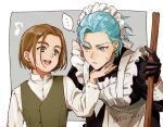  ... 2boys apron aqua_hair black_dress black_gloves blue_eyes border brown_hair camus_(dq11) closed_mouth collared_shirt commentary crossdressing crossdressing_(mtf) dq_nikiri dragon_quest dragon_quest_xi dress earrings gloves grey_background grey_vest hair_pulled_back hand_on_another's_chin hero_(dq11) hoop_earrings jewelry maid maid_apron maid_headdress male_focus multiple_boys musical_note open_mouth parted_bangs shirt short_hair smile spoken_ellipsis sweatdrop teeth twitter_username untranslatable_commentary upper_body upper_teeth_only vest white_apron white_border white_shirt white_wrist_cuffs wrist_cuffs 