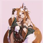  1girl :p animal_ears armpit_crease bare_shoulders black_gloves blush breasts brown_hair chromatic_aberration cleavage commentary_request dog_ears dog_girl dog_tail eyeliner genshin_impact gloves green_eyes hair_between_eyes hair_ornament hand_on_own_chest hand_on_own_ear highres hina_(genshin_impact) japanese_clothes kimono large_breasts long_hair looking_at_viewer makeup ming_chen multicolored_hair red_eyeliner simple_background solo standing tail thighs tongue tongue_out white_hair 