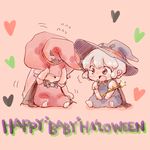  2girls baby blue_dress cape dress english fujiwara_no_mokou grey_eyes halloween halloween_costume happy_halloween hat hat_tug heart kamishirasawa_keine komaku_juushoku long_hair multiple_girls open_mouth red_dress short_hair silver_hair sitting staff touhou witch_hat younger 