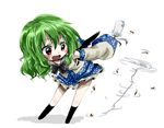  black_wings bow full_body gohei green_hair if_they_mated kochiya_yuriko long_hair open_mouth red_eyes simple_background skirt smile solo touhou unya white_background wings 