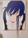  1girl acrylic_paint_(medium) blue_eyes blue_hair buttons collared_shirt dripping_eye highres long_hair looking_at_viewer momoe_(mme_daigaku) original painting_(medium) shirt short_sleeves solo traditional_media twintails unconventional_media white_shirt 