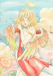  angel armlet breasts cleavage covering covering_breasts feathered_wings feathers flower halo holding_clothes kuko_(anadarakeno_husuma) looking_at_viewer medium_breasts nude_cover open_mouth original solo surprised traditional_media watercolor_(medium) wings 