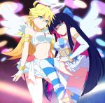  2girls abstract_background ahoge angel_wings black_background black_hair blonde_hair bloom blue_bow blue_dress blue_eyes blue_leg_warmers blunt_bangs blurry bokeh bow bracelet breasts bridal_gauntlets closed_mouth commentary crop_top deogie depth_of_field dress earrings english_commentary feet_out_of_frame frilled_dress frills from_below gold_armband gold_bracelet gold_choker gold_shoes gold_trim green_eyes hair_bow halo heart_ornament heart_ring highres jewelry large_breasts layered_dress layered_skirt leg_up leg_warmers long_hair looking_at_viewer midriff multicolored_hair multiple_earrings multiple_girls navel necktie obi panty_&amp;_stocking_with_garterbelt panty_(psg) red_hair red_necktie ribbon ribbon-trimmed_skirt ribbon_trim sash shoes skirt sleeveless sleeveless_dress smile split_mouth stocking_(psg) striped_leg_warmers swept_bangs tank_top two-tone_dress two-tone_hair very_long_hair white_bridal_gauntlets white_dress white_halo white_leg_warmers white_ribbon white_tank_top wings yellow_sash 