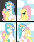  animal_ears black_background blue_eyes butterflies clouds crown crying cutie_mark equine eyelashes eyes_closed female fluttershy_(mlp) friendship_is_magic hair horn horse horseshoe hug multi-colored_hair my_little_pony pink_hair plain_background princess_celestia_(mlp) royalty skoom sun tears tongue white_body wings yellow_body 