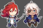  2boys armor arrow_(projectile) blue_hood bow_(weapon) chibi cinnas eyepatch fire_emblem fire_emblem_fates holding holding_arrow holding_bow_(weapon) holding_weapon japanese_armor japanese_clothes multiple_boys niles_(fire_emblem) ponytail red_hair subaki_(fire_emblem) weapon 
