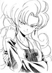  agahari breasts cleavage detached_sleeves dragon_ball dragon_ball_z earrings greyscale jewelry long_hair looking_at_viewer medium_breasts monochrome necklace sketch smile solo zangya 
