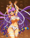  animal_ears ankha_(animal_crossing) ankha_(animal_crossing)_(cosplay) arms_up bandages blue_eyes blunt_bangs blush cat_ears cosplay dark-skinned_female dark_skin head_ornament highres long_hair naked_bandage navel open_mouth pointy_ears purple_hair shantae shantae_(series) sidelocks striped_tail tail thighs zuchysdraws 