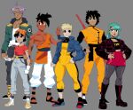  2girls 4boys asian bandana black_eyes black_hair blonde_hair blue_eyes boots bra_(dragon_ball) capsule_corp commentary dark-skinned_male dark_skin denim denim_jacket dougi dragon_ball dragon_ball_gt earrings english_commentary gloves headscarf highres jacket jewelry long_hair long_sleeves marron_(dragon_ball) mohawk multiple_boys multiple_girls muscular muscular_male orange_bandana orange_dougi orange_headscarf pan_(dragon_ball) pants purple_hair saiyan shirt short_hair siblings simple_background smile son_goten spiked_hair toon_(style) trunks_(dragon_ball) uub weapon wolfsvile wristband 
