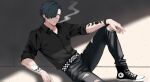  1boy absurdres belt black_belt black_hair black_shoes cheekbones cigarette collared_shirt converse denim dress_shirt ear_piercing earrings eyebrow_piercing face_piercing fire_emblem fire_emblem:_three_houses green_eyes hair_over_one_eye hashtag-only_commentary highres hubert_von_vestra hubert_von_vestra_(timeskip) jeans jewelry lip_piercing male_focus multiple_piercings nekomoni nose_piercing pants piercing shirt shoelaces shoes smoke smoke_trail smoking sneakers solo tattoo untied_shoelaces white_belt 