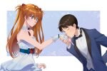  1boy 1girl arm_behind_back bare_shoulders black_bow black_bowtie black_hair blue_background blue_jacket border bow bowtie breasts collared_shirt commentary detached_collar dress dress_flower flower gloves grey_vest hair_between_eyes half_updo headgear hetero highres holding_hands ikari_shinji jacket kiss kissing_hand light_blush long_hair looking_at_another medium_breasts neon_genesis_evangelion one_eye_closed orange_hair parted_lips pendant_choker shirt short_hair souryuu_asuka_langley strapless strapless_dress suit_jacket tuxedo twintails unihotate0329 untranslatable_commentary upper_body vest waistcoat white_border white_dress white_gloves white_shirt 