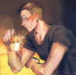  1boy beard_stubble black_hair black_shirt blush buzz_cut cup disco_elysium dule_(anhaidule) elbow_rest facial_hair facing_to_the_side flustered hair_slicked_back half-closed_eyes highres holding holding_cup kim_kitsuragi male_focus round_eyewear shirt short_hair solo stubble t-shirt upper_body very_short_hair 