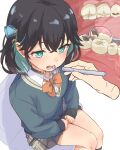  1girl 1other aqua_hair black_choker black_hair blush bow bowtie cat_choker cavity chair choker colored_inner_hair dental_filling dentist disembodied_hand dot_nose embarrassed from_above green_sweater grey_skirt hair_ornament hands_on_lap highres holding inlay long_sleeves medium_hair miniskirt miyamai_moca mouth_focus multicolored_hair on_chair open_mouth orange_bow orange_bowtie parallel_fleet paw_hair_ornament pleated_skirt projected_inset raised_inner_eyebrows realistic_teeth school_uniform shirt sitting skirt solo_focus sweater two-tone_hair voicepeak white_shirt 