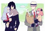  ... 2boys 2girls acupofbread aizawa_shota anya_(spy_x_family) bag baguette beard_stubble black_gloves black_hair black_pants black_shirt blonde_hair blue_hair boku_no_hero_academia bread carrying child_carry closed_mouth collared_shirt commentary crossover english_commentary eri_(boku_no_hero_academia) facial_hair food gloves green_eyes grocery_bag hand_in_pocket hat highres holding holding_bag jacket lettuce long_hair looking_at_another multiple_boys multiple_girls necktie open_clothes open_jacket pants paper_bag pink_hair red_eyes red_necktie scar scar_on_face scar_on_mouth scarf shirt shopping_bag short_hair spoken_ellipsis spy_x_family standing stubble twilight_(spy_x_family) unbuttoned vest waistcoat white_hat white_shirt 