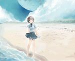  1girl beach bottle moon ocean sakana45 scenery school_uniform sea short_hair sky solo summer water water_bottle 