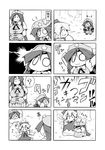  3girls 4koma :3 ? arm_up arms_up bad_id bad_pixiv_id bow breasts chibi cirno closed_eyes comic dress forest greyscale hair_bow hand_on_head hat head_bump hong_meiling large_breasts leg_hug long_hair monochrome multiple_girls musical_note nature o_o puffy_sleeves raised_fist running short_hair short_sleeves silent_comic sitting smile star touhou ushi wings 