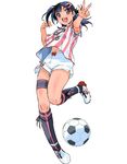  armpit_peek ball belly_peek black_hair brown_eyes cleats clenched_hand hair_ornament hairclip inoue_sora kneehighs mai_ball! miyano_mai navel official_art open_mouth shorts simple_background soccer soccer_ball soccer_uniform solo sportswear striped telstar thigh_strap v white_background 