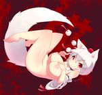 animal_ears artist_name barefoot blueberry_(5959) breasts character_name choker detached_sleeves hand_on_own_chest hat index_finger_raised inubashiri_momiji large_breasts nipples nude red_eyes short_hair smile solo tail tokin_hat touhou white_hair wolf_ears wolf_tail 