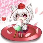  animal_ears bare_shoulders blush cherry_blossoms chibi dango detached_sleeves eating food hat heart inubashiri_momiji open_mouth oumi_hi petals plate red_eyes sanshoku_dango short_hair skewer skirt solo tail tokin_hat touhou wagashi white_hair wide_sleeves wolf_ears wolf_tail 