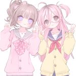  2girls :3 :p ahoge brown_hair commentary_request dice_hair_ornament glasses hair_ornament highres korean_commentary long_hair mipi_(u3u_00) multicolored_hair multiple_girls original pink_hair roots_(hair) school_uniform serafuku side_ponytail smile tongue tongue_out two_side_up 