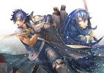  2girls armor blue_eyes blue_hair book brown_hair cape dual_persona falchion_(fire_emblem) father_and_daughter female_my_unit_(fire_emblem:_kakusei) fire_emblem fire_emblem:_kakusei holding holding_weapon hood kokutan_kitsunen krom long_hair looking_at_viewer lucina male_my_unit_(fire_emblem:_kakusei) multiple_boys multiple_girls my_unit_(fire_emblem:_kakusei) open_mouth ponytail sword tiara weapon 