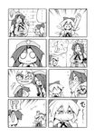  4girls 4koma :3 anger_vein arms_up bad_id bad_pixiv_id bow braid breasts cirno closed_eyes comic dress greyscale hair_bow hat heart hong_meiling izayoi_sakuya large_breasts light_bulb long_hair maid_headdress monochrome multiple_girls musical_note o_o puffy_sleeves short_hair short_sleeves silent_comic smile star touhou twin_braids ushi wings 