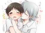  blush brown_hair closed_eyes ear_licking heart hoshihuri ikari_shinji licking male_focus multiple_boys nagisa_kaworu neon_genesis_evangelion silver_hair tears tongue wince yaoi 