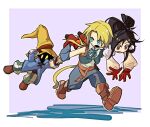  1girl 2boys aqua_ribbon belt black_hair black_mage_(final_fantasy) blonde_hair blue_coat blue_eyes blue_pants blue_vest blue_wrist_cuffs boots border brown_belt brown_boots brown_eyes carrying_over_shoulder cat_tail coat cropped_vest final_fantasy final_fantasy_ix full_body furrowed_brow garnet_til_alexandros_xvii gloves grey_gloves hair_between_eyes hair_ornament hairclip hat highres holding_down_headwear holding_hands kelland0526 long_hair long_sleeves low-tied_long_hair multiple_boys neck_ribbon open_mouth pants parted_lips puffy_long_sleeves puffy_sleeves pulling_arm purple_background red_gloves ribbon running shirt sleeveless sleeveless_shirt sparkle striped_clothes striped_pants tail vest vivi_ornitier white_border white_shirt wizard_hat wrist_cuffs yellow_eyes zidane_tribal 
