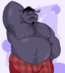 anthro armpit_hair beard body_hair bottomwear chest_hair clothed clothing common_hippopotamus crococola ear_piercing facial_hair hair hand_behind_head hi_res hippopotamid hypno-potamus male mammal muscular muscular_anthro muscular_male mustache nipples overweight overweight_anthro overweight_male pattern_bottomwear pattern_clothing piercing plaid plaid_bottomwear plaid_clothing purple_body solo tired topless