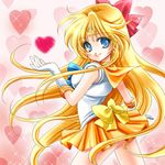  aino_minako back_bow bishoujo_senshi_sailor_moon blonde_hair blue_eyes bow choker gloves hair_bow half_updo heart heart_background long_hair lowres magical_girl orange_choker orange_sailor_collar orange_skirt red_bow ribbon sailor_collar sailor_senshi_uniform sailor_venus shirataki_kaiseki skirt smile solo tiara white_gloves 