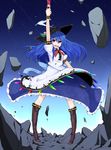  blue_hair boots bow dress food fruit hat highres hinanawi_tenshi long_hair open_mouth peach red_eyes ribbon rihito_(usazukin) short_sleeves skirt smile solo sword sword_of_hisou touhou weapon 