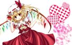  apple ascot blonde_hair bow flandre_scarlet food fruit hat hat_ribbon heart looking_at_viewer oumi_hi red_eyes ribbon short_hair side_ponytail skirt smile solo touhou wings 