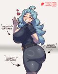  1girl ? ?? ahoge arm_behind_back arrow_(symbol) ass black_shirt blue_hair blush breasts closed_eyes commentary commission cowboy_shot english_commentary evil_container_(meme) facing_viewer grey_shorts grin hand_up heart highres huge_ass huge_breasts meme original shirt shorts smile solo tehhank tight_clothes tight_shirt waving white_background 