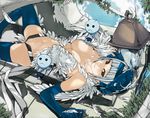  angel_(fairy_tail) bangs blunt_bangs breasts elbow_gloves fairy_tail feathers gemini_(fairy_tail) gloves hairband lying medium_breasts navel no_panties nyami on_back pussy red_eyes thighhighs white_hair 