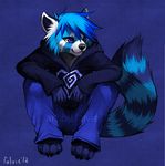  blue_fur blue_hair blue_panda clothing falvie fur hair hoodie male mammal pants purple_background purple_eyes red_panda solo 