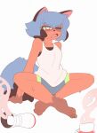  2025 anthro barefoot blue_hair bodily_fluids bottomwear brand_new_animal canid canine clothed clothing crossed_ankles digital_media_(artwork) dipstick_tail discarded_shoes facial_markings feet female fluffy fluffy_tail foot_fetish footwear gloves_(marking) hair head_markings hi_res leg_markings mammal markings mask_(marking) michiru_kagemori narrowed_eyes oddity27 one_eye_closed one_fang open_mouth orange_body raccoon_dog shirt shoes shorts simple_background sitting smelly smelly_feet smelly_shoes sneakers socks_(marking) soles solo stink_fumes studio_trigger sweat sweatdrop sweaty_feet sweaty_legs tail tail_markings tank_top tanuki toes topwear undershirt white_background 
