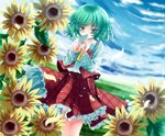  ascot blush cloud day envelope field flower green_hair kazami_yuuka letter long_sleeves love_letter oumi_hi plaid red_eyes short_hair skirt sky solo sunflower touhou 